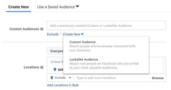 Opties om een ​​aangepast publiek of een vergelijkbare doelgroep te gebruiken voor een hoofdadvertentiecampagne op Facebook.
