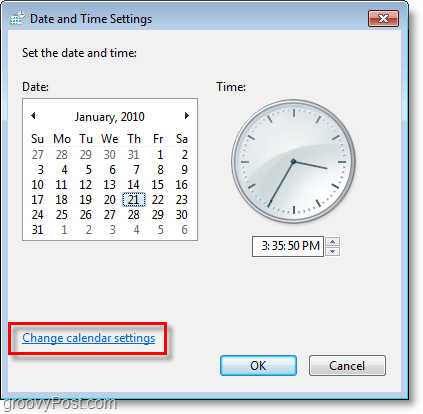 Schermafbeelding van Windows 7 - wijzig de kalenderinstellingen