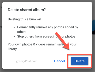 Bevestiging van het verwijderen van een gedeeld album van Google Foto's