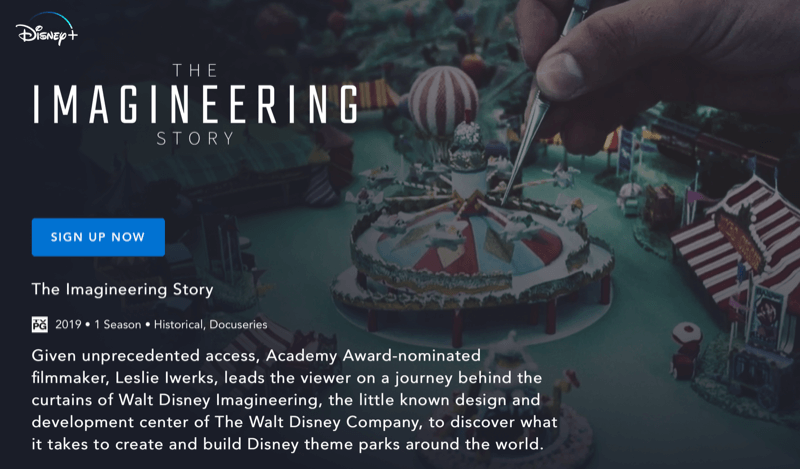 Disney + webpagina voor The Imagineering Story