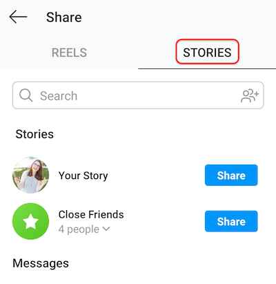screenshot van het instagram-postscherm met het tabblad Verhalen waarmee rollen kunnen worden gedeeld met je verhaal of met een vriendenlijst