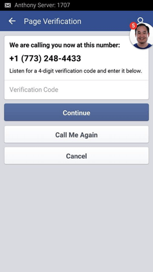 Wacht op de oproep van Facebook en schrijf de 4-cijferige verificatiecode op die je hebt gekregen.