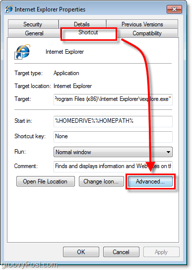 het tabblad met snelkoppelingen in de eigenschappen van snelkoppelingen voor Windows 7-snelkoppelingen