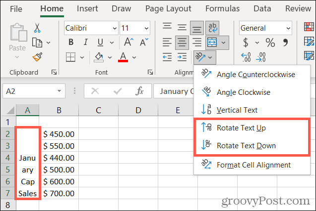 Tekst omhoog of omlaag draaien in Excel