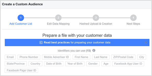 Het dialoogvenster Facebook Create a Custom Audience heeft 15 verschillende matchpunten voor uw klantgegevens, en die punten verschijnen in grijze vakken in het dialoogvenster.