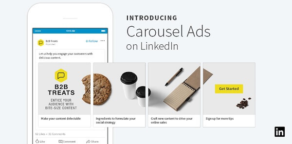 LinkedIn heeft nieuwe carrouseladvertenties voor gesponsorde inhoud uitgerold die maximaal 10 aangepaste, veegbare kaarten kunnen bevatten.