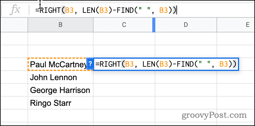 Een formule die RECHTS gebruikt in Google Spreadsheets