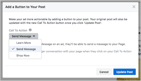 Selectie van Facebook Messenger-knop bij het maken van advertenties.