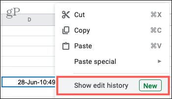 Klik met de rechtermuisknop en kies Bewerkingsgeschiedenis weergeven in Google Spreadsheets