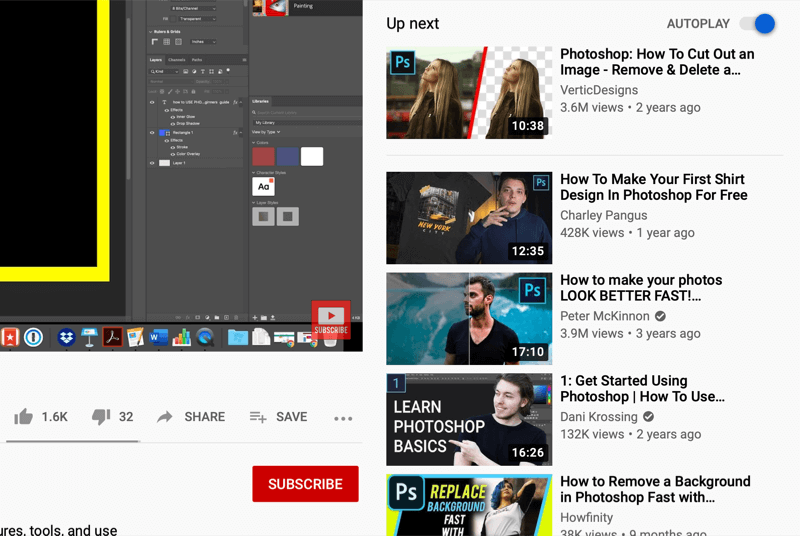 YouTube-videoweergavescherm met automatisch afspeelbare video's aan de rechterkant van het scherm, aanbevolen door youtube op basis van wat er wordt bekeken