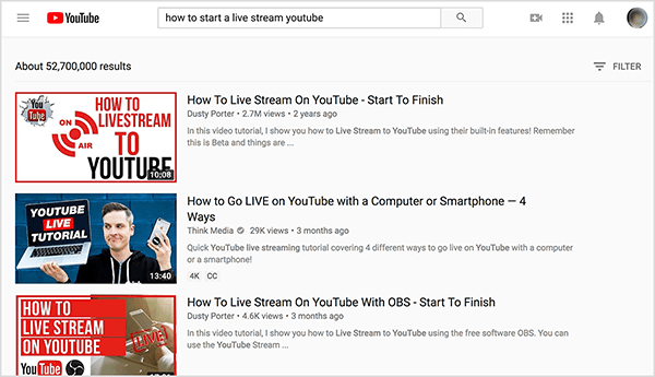 Zoek op YouTube naar “hoe je een livestream youtube start” en de bovenste zoekresultaten tonen twee video's van Dusty Porter.