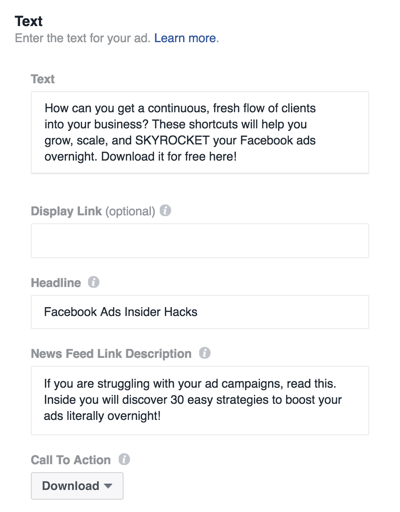 Vul de gegevens in om uw Facebook-advertentie in te stellen.