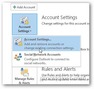hoe een pst-bestand voor Outlook 2013 te maken - klik op accountinstellingen