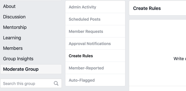 Hoe u uw Facebook-groepsgemeenschap kunt verbeteren, Facebook-menuoptie om regels te maken om uw groep te modereren
