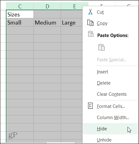 Verberg de kolomsnelkoppeling in Excel op Windows