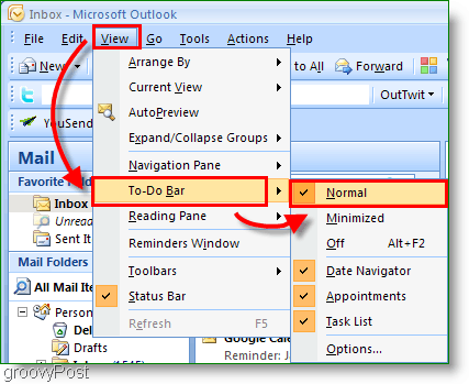 Taakbalk van Outlook 2007 - Weergave aanpassen naar normaal