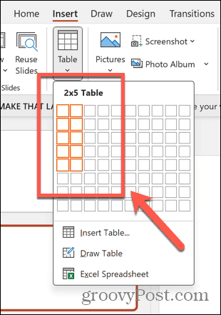 powerpoint selecteer tabelgrootte
