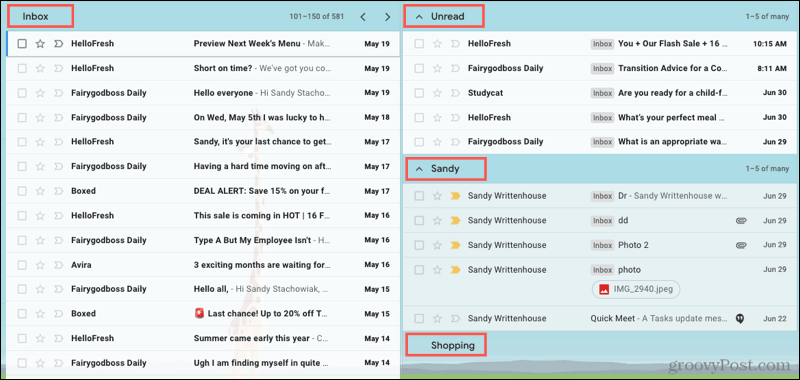 Meerdere inboxen uitgevouwen in Gmail