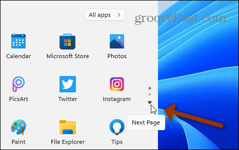 Volgende pagina Start Windows 11
