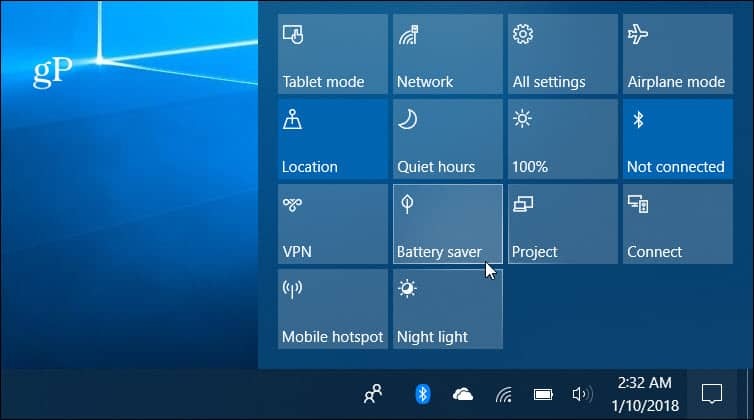 Actiecentrum van Windows 10 Batterijbesparing