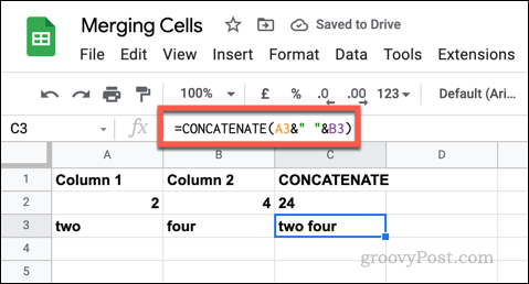 Een voorbeeld van een CONCATENATE-formule in Google Spreadsheets met lege tekenreeksen