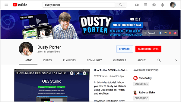 Op het YouTube-kanaal van Dusty Porter staat een afbeelding van Dusty vanaf de schouders en zijn naam. In een blauwe afgeronde rechthoek verschijnt de tekst "Making Technology Easy" in witte tekst. De omslagfoto van het kanaal deelt ook zijn schema voor het plaatsen van video