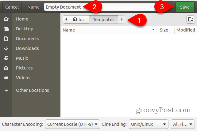 Sla het lege document-sjabloonbestand op in de map Sjablonen in Ubuntu