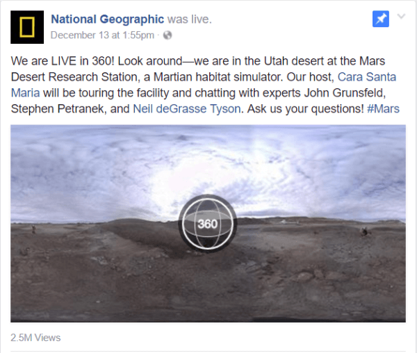 Facebook lanceerde deze week Live 360-video met een National Geographic-rapport van de Mars Desert Research Station-faciliteit in Utah.