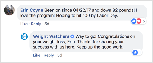 voorbeeld van reactie van Facebook-pagina op commentaar van gebruikers