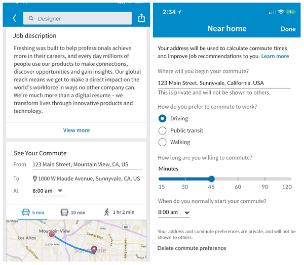 LinkedIn-leden kunnen nu de geschatte reistijden op een normale werkdag bekijken vanaf de huidige locatie van hun apparaat naar vacatures die op LinkedIn zijn geplaatst.