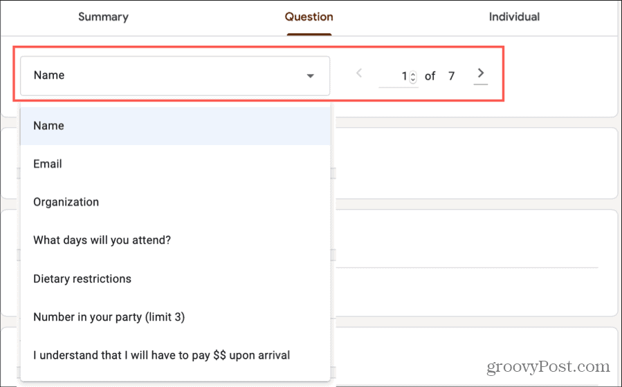 Google Forms-antwoorden Selecteer vraag