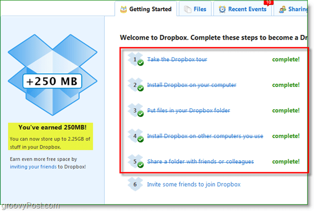 Screenshot van Dropbox - 250 MB ruimte snel beloond