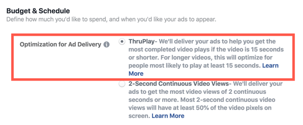 Facebook ThruPlay-optimalisatie voor videoadvertenties, stap 2.