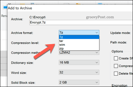 Een archiefbestandstype van 7 zip selecteren