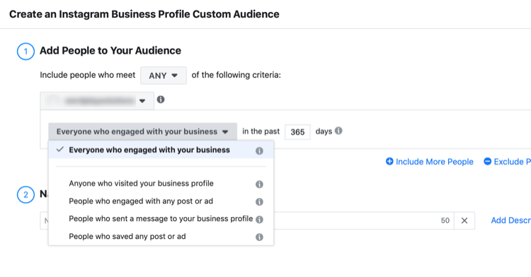 Maak een Instagram Business Profile Custom Audience-dialoogvenster
