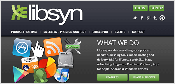Chris Brogan gebruikt Libsyn om de audiobestanden te hosten voor zijn Alexa-flashbriefing. De Libsyn-website heeft navigatie-items voor podcast-hosting, premium-inhoud, professionele functies, evenementen en ondersteuning.