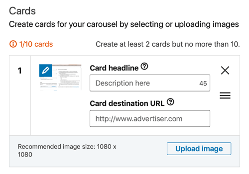 Hoe u een carrouseladvertentie voor het genereren van leads op LinkedIn maakt, stap 5, stel de advertentiekop en bestemmings-URL in