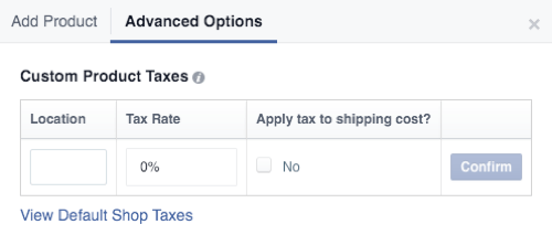 Facebook-winkel aangepaste productbelastingen