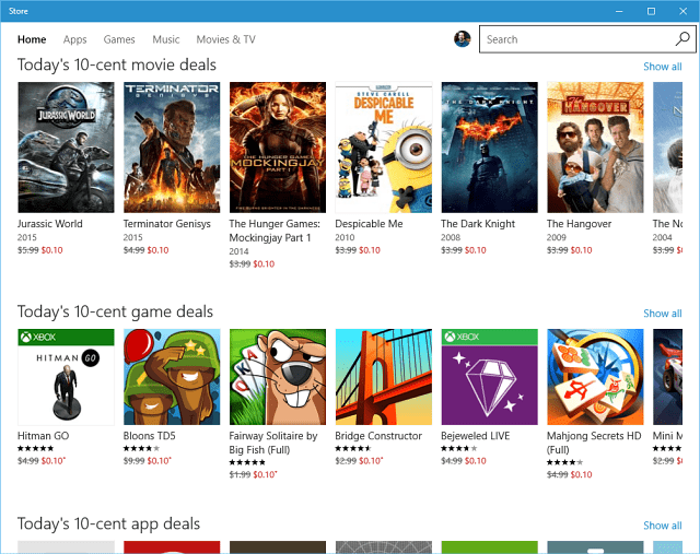 Microsoft biedt 10 cent-deals voor apps, muziek, games en films