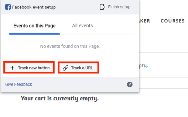 Gebruik de Facebook Event Setup Tool, stap 4, opties om een ​​nieuwe knop bij te houden of een URL te volgen