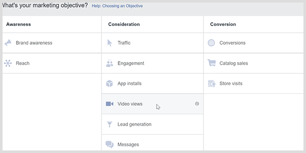Facebook Ads Manager heeft een doel voor videoweergaven dat Facebook ertoe aanzet mensen te targeten die video's bekijken.