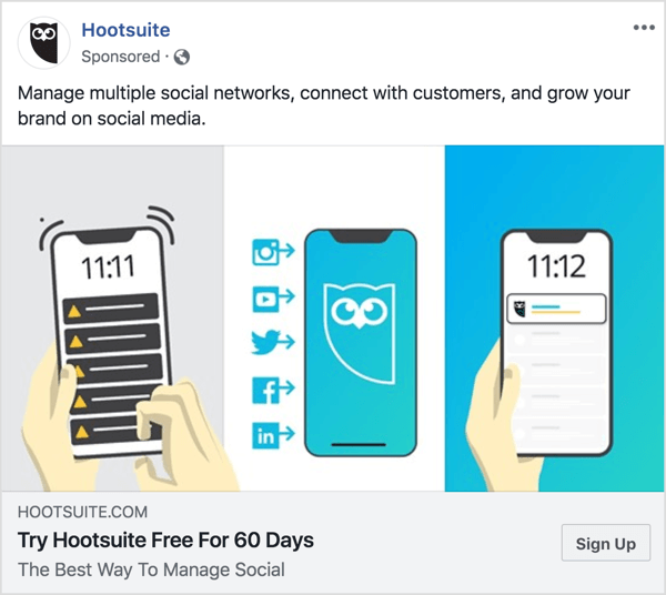 De berichtgeving in de Hootsuite Facebook-advertentie is duidelijk en beknopt. 