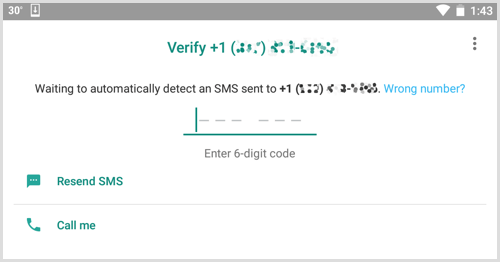 Voer de verificatiecode in die je hebt ontvangen in WhatsApp Business.