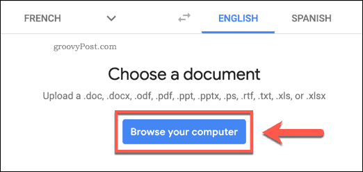 De knop Browse your computer op de Google Translate-website