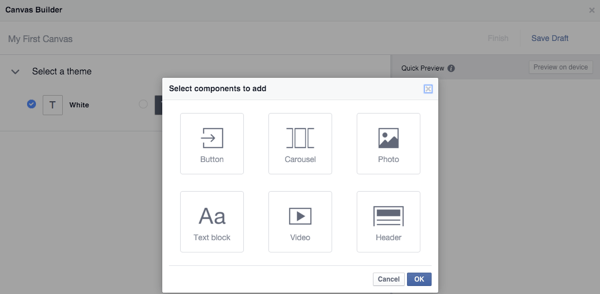 componenttypen voor facebook canvas-builder