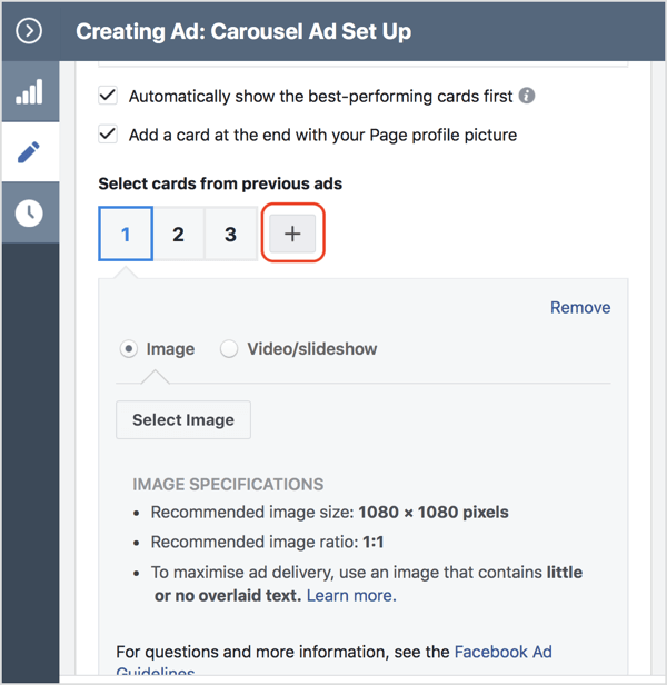 Klik op het + -pictogram om een ​​kaart toe te voegen aan uw Facebook-carrouseladvertentie.