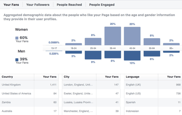 Facebook Insights-demografische gegevens van het publiek.