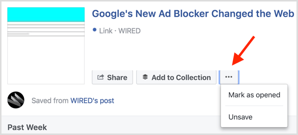 Markering van opgeslagen item op Facebook als geopend