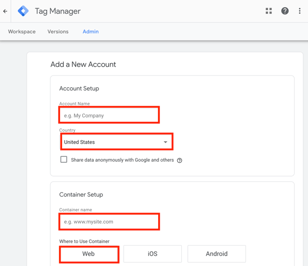 Gebruik Google Tag Manager met Facebook, stap 1, instelling om een ​​nieuw Google Tag Manager-account toe te voegen