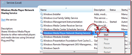 start de Windows Media Player 12-service